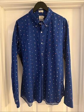 J. Crew Blue Button-Down Shirt with Red & White Micro Motifs